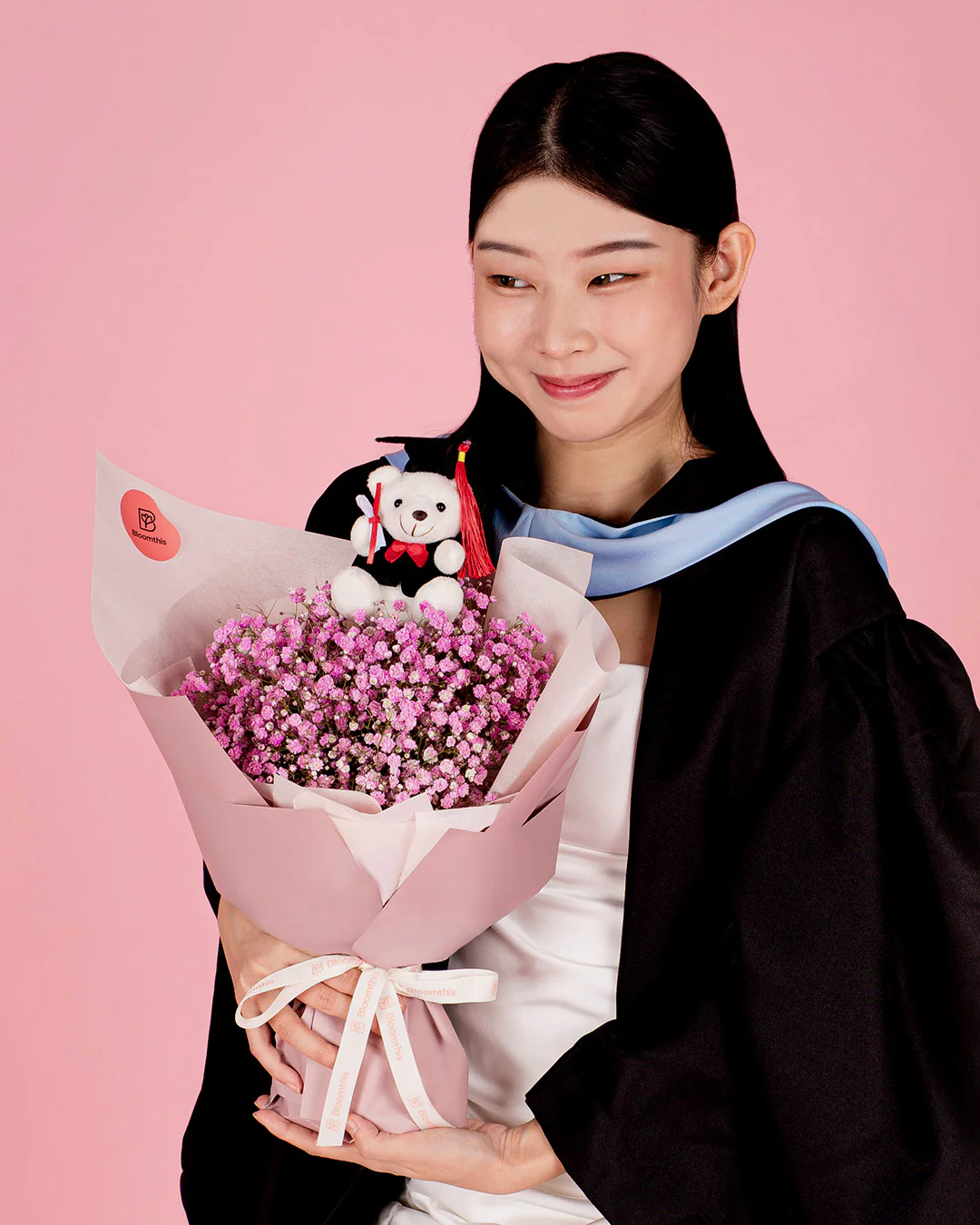 Janice Pink Baby's Breath Graduation Bear Bouquet - Image 2