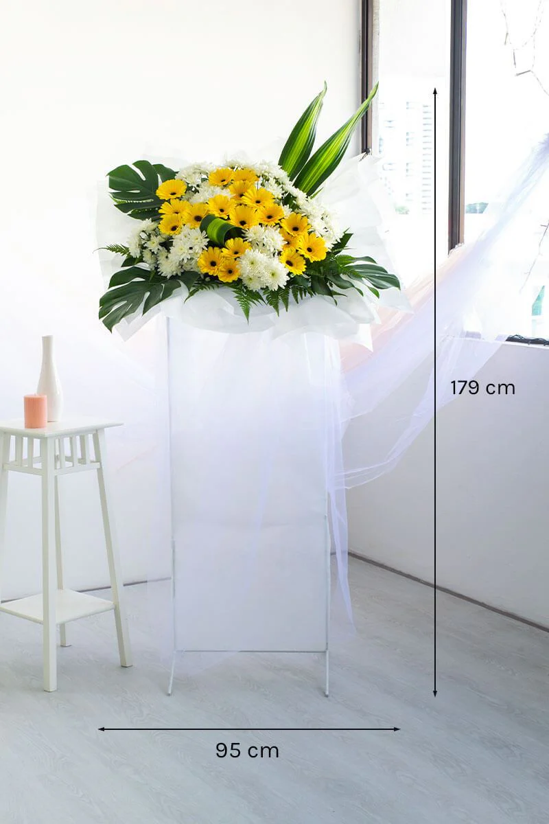 Tanvi Yellow Gerbera Condolence Flower Stand - Image 3